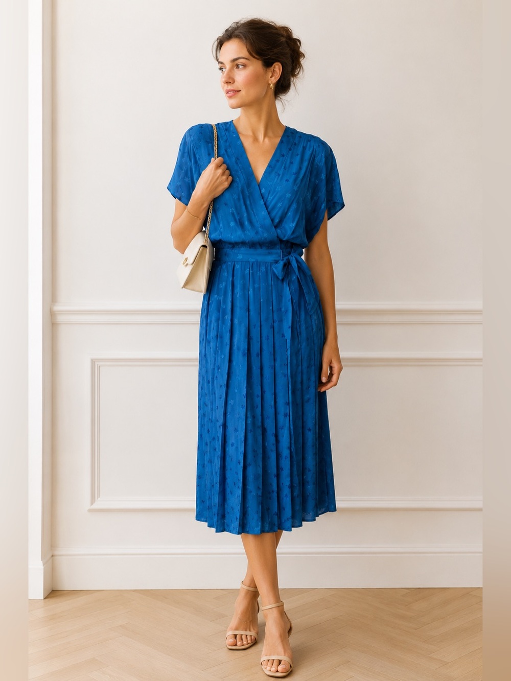 Vintage Maggy London Women’s 100% Silk Wrap-Style Dress Blue Leaf Jacquard Sz 8